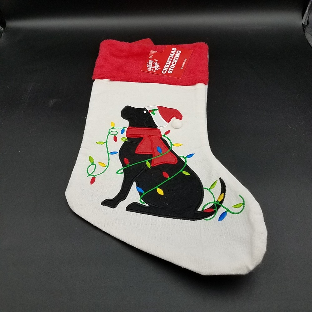 Holiday Style Black Labrador with Christmas Lights 15.5" Stocking New